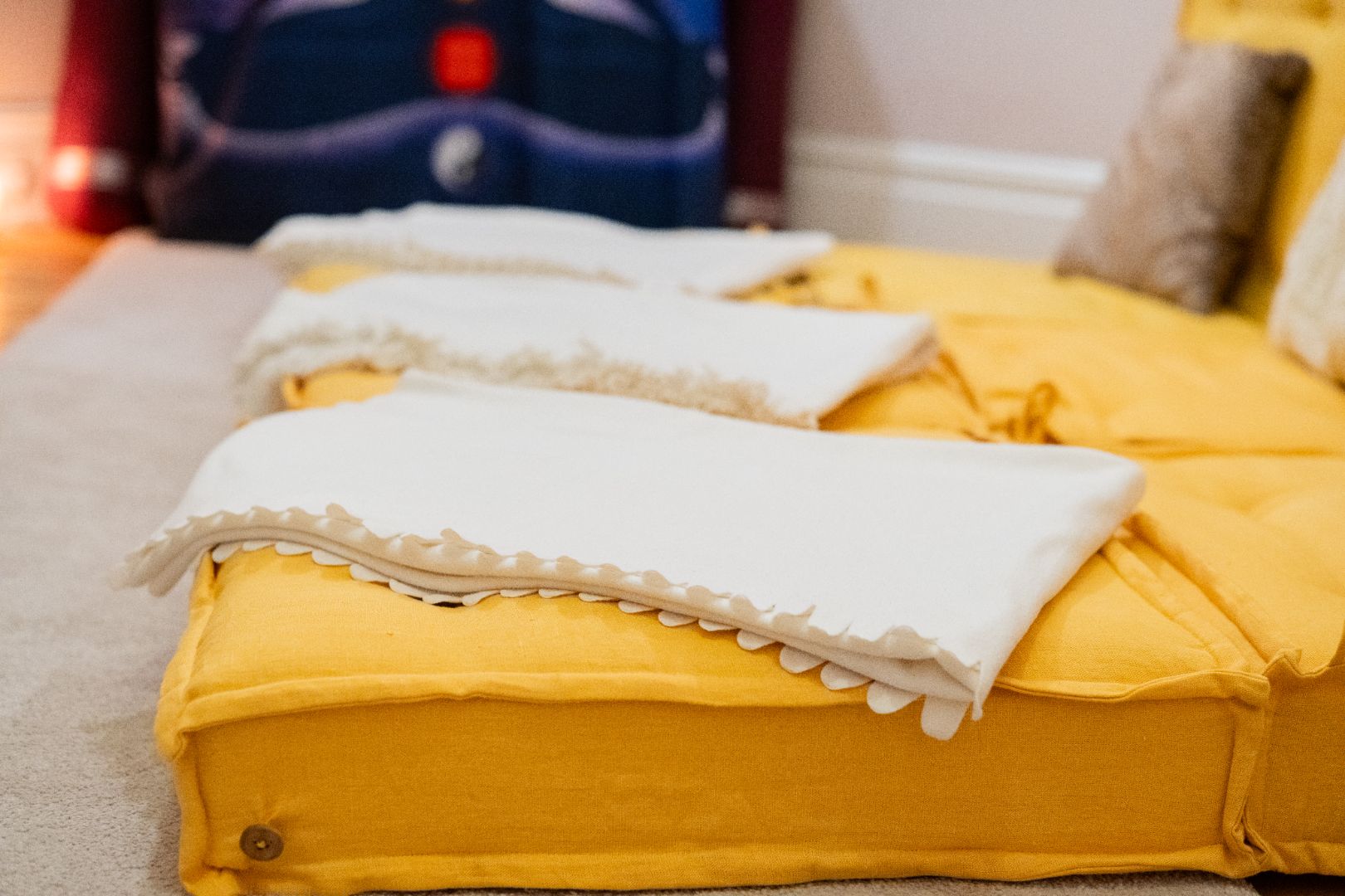 White fabric on yellow seat