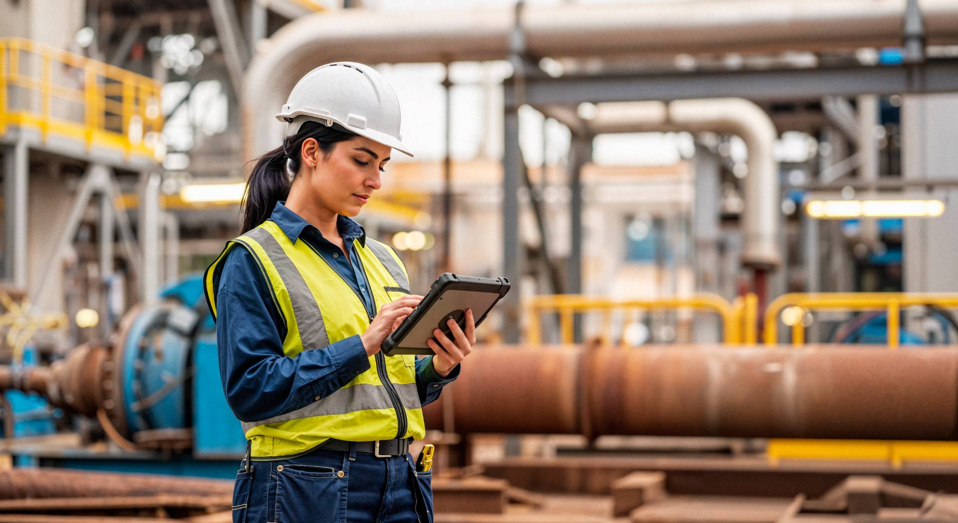 Female engineer inspecting equipment tablet