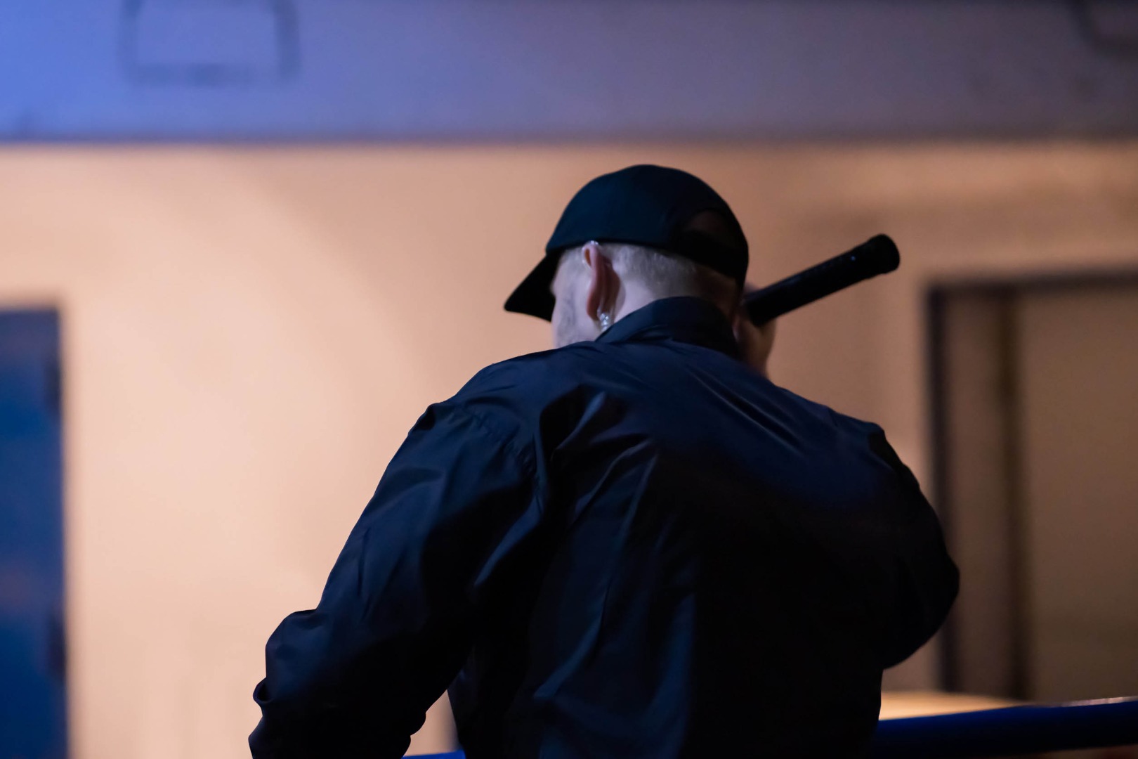 Security guard walking building