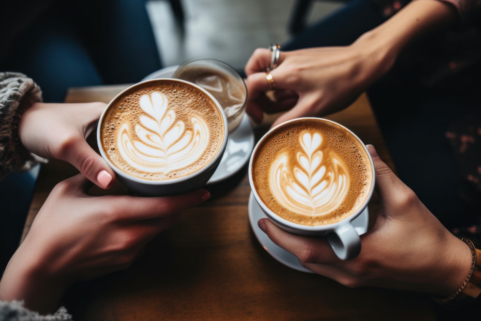 Three pairs of hands holding coffees