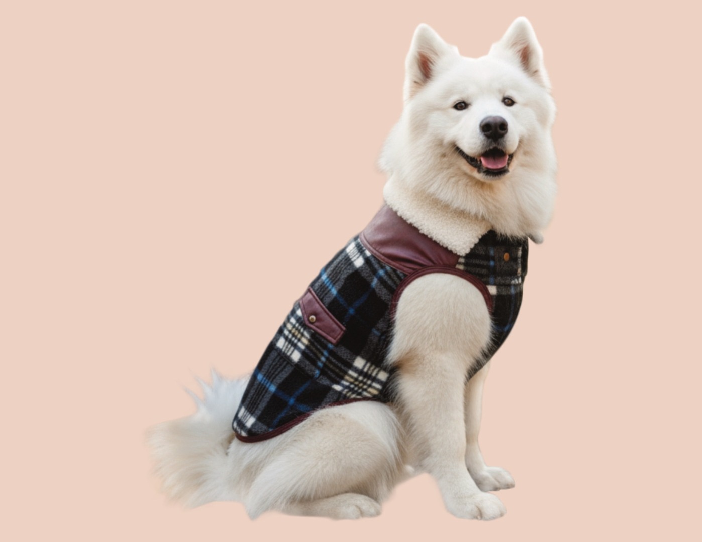 White dog in tartan coat