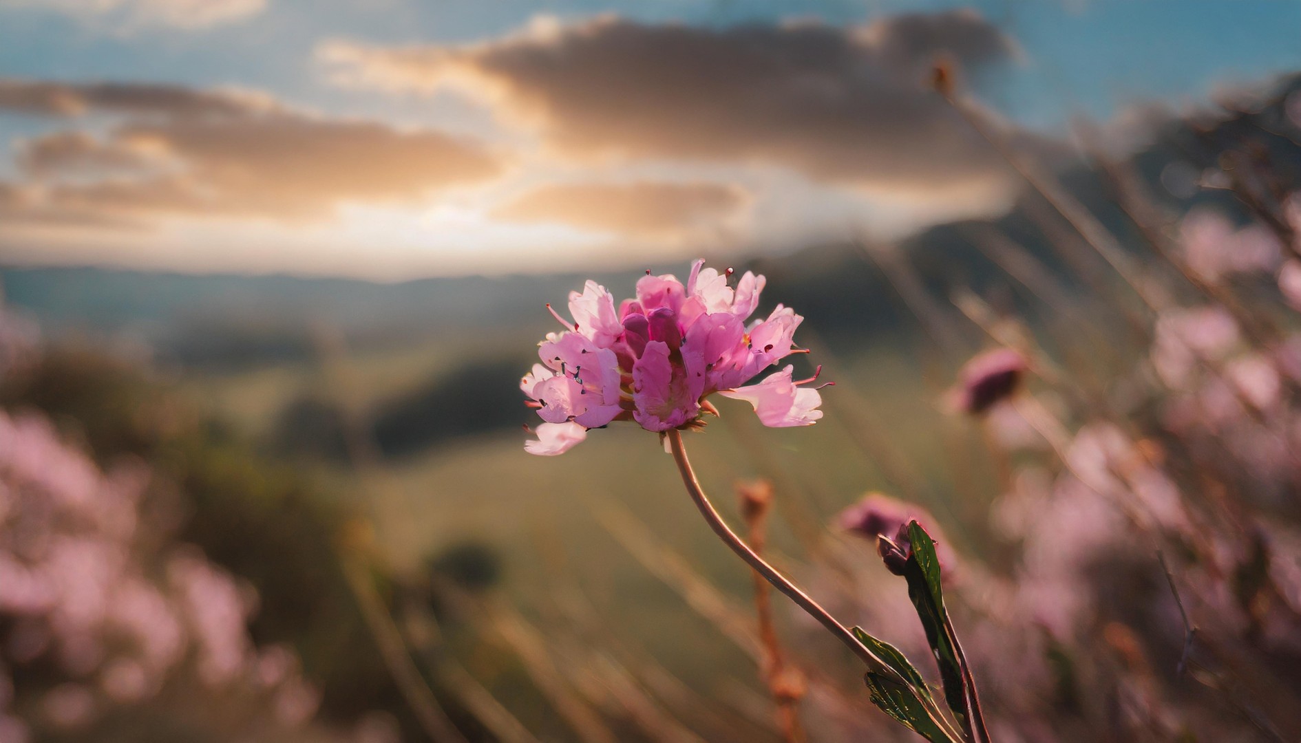 Pink flowers in the mountains at sunset