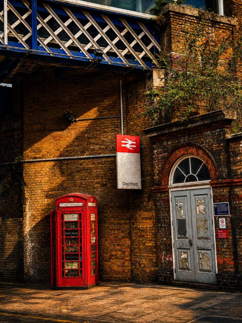 old brick wall and red telephone booth