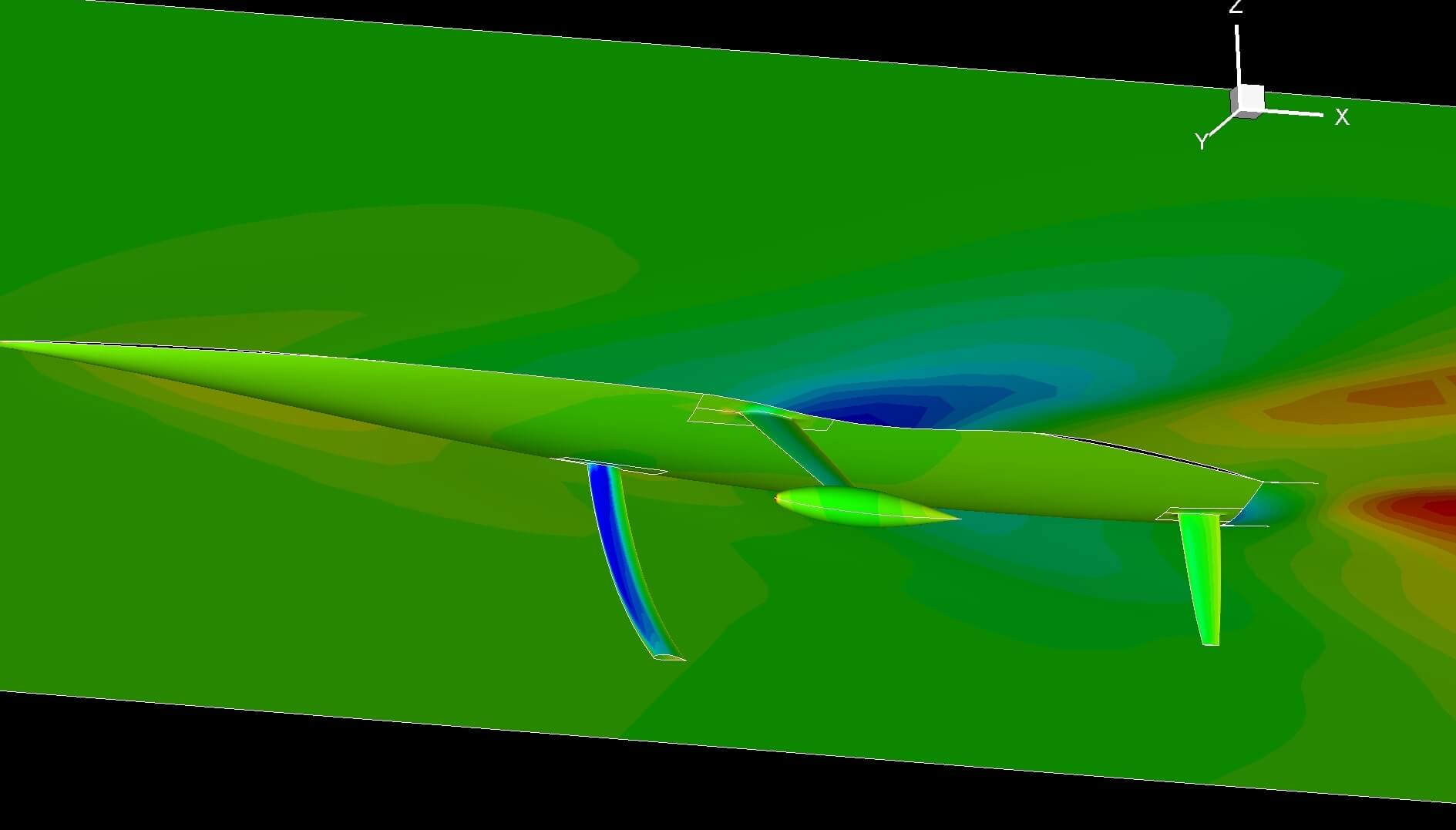 This a screen grab image of CFD (computational fluid dynamics) analysis being undertaken on a pre-lifting foils Owen Clarke IMOCA Open 60 design.