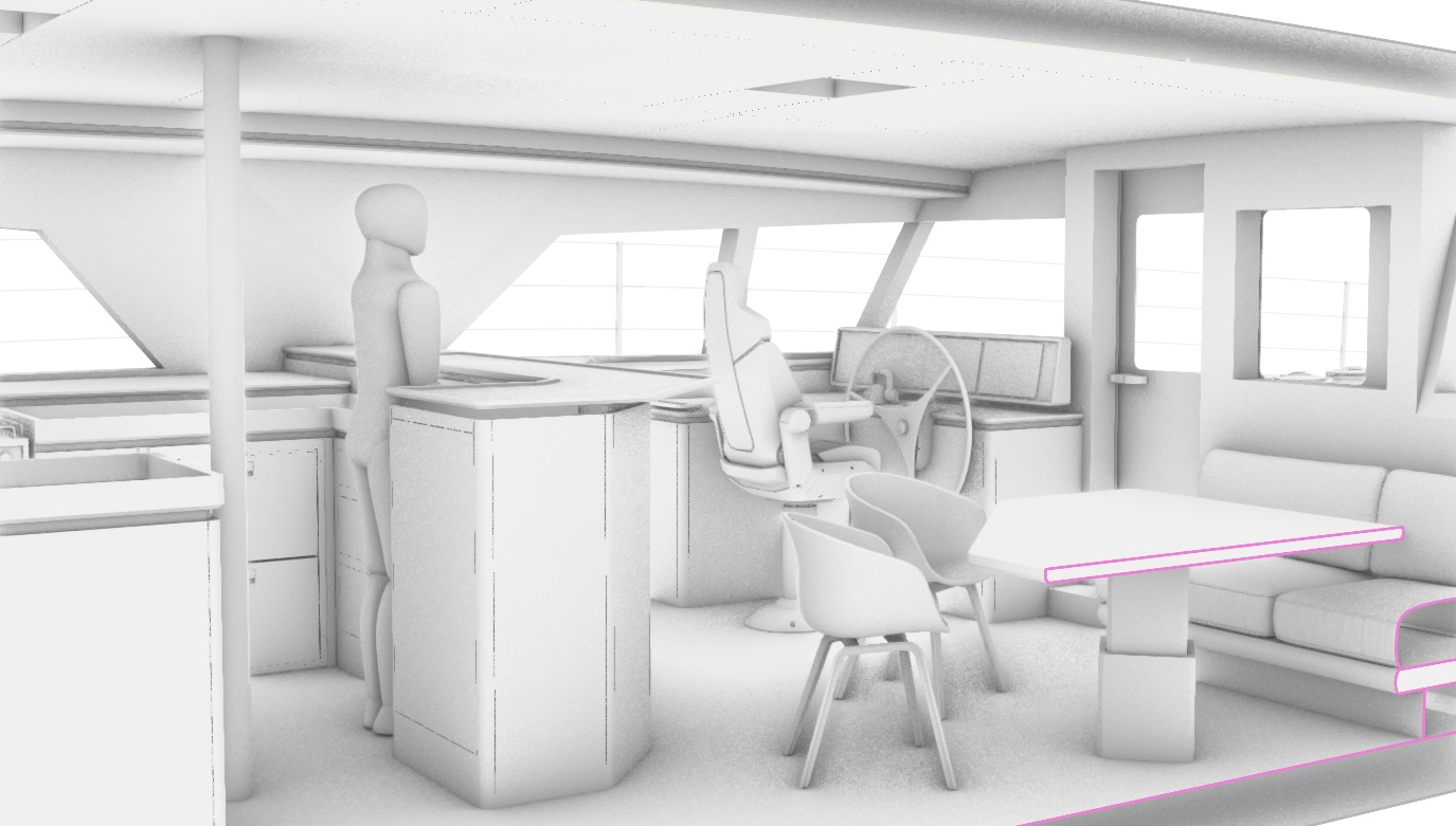 Interior design layout of a blue‑water cruising catamaran showing yacht internal steering, structural arrangement, and accommodation planning. The rendering highlights how steering systems, interior design, and catamaran accommodation integrate for offshore sailing.