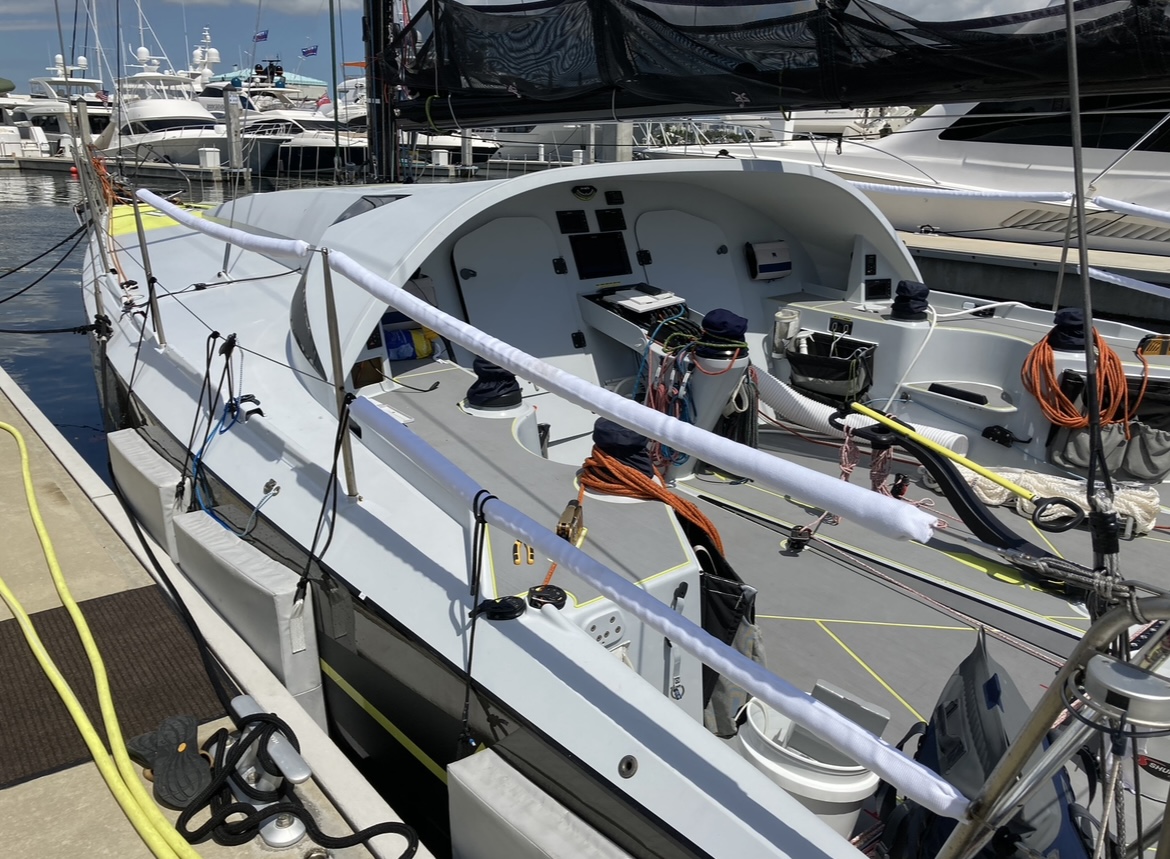 Class 40 racing yacht moored alongside on US East coast. On view is the ergonomic cockpit which is ideal for double handed racing, inshore or offshore. The under-deck headsail sheeting system allows rapid, precise trimming. Professionally maintained with no expense spared, now for sale as a turnkey opportunity.