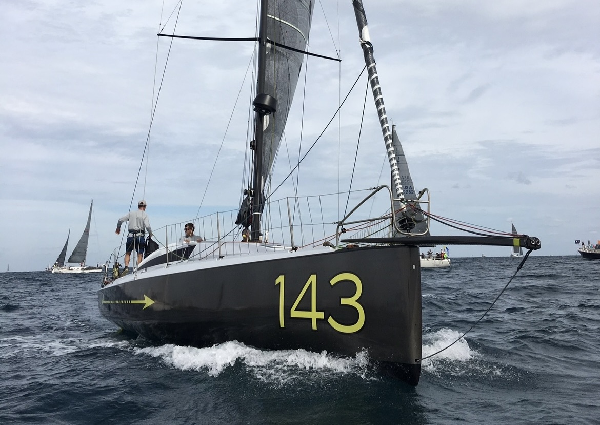Class 40 racing yacht with a powerful carbon masthead rig and bowsprit preparing to race offshore on US East Coast. The versatile hybrid hull  is  engineered for speed, performance and stability. Now for sale, Longbow  has been professionally maintained with no expense spared and represents a turnkey opportunity