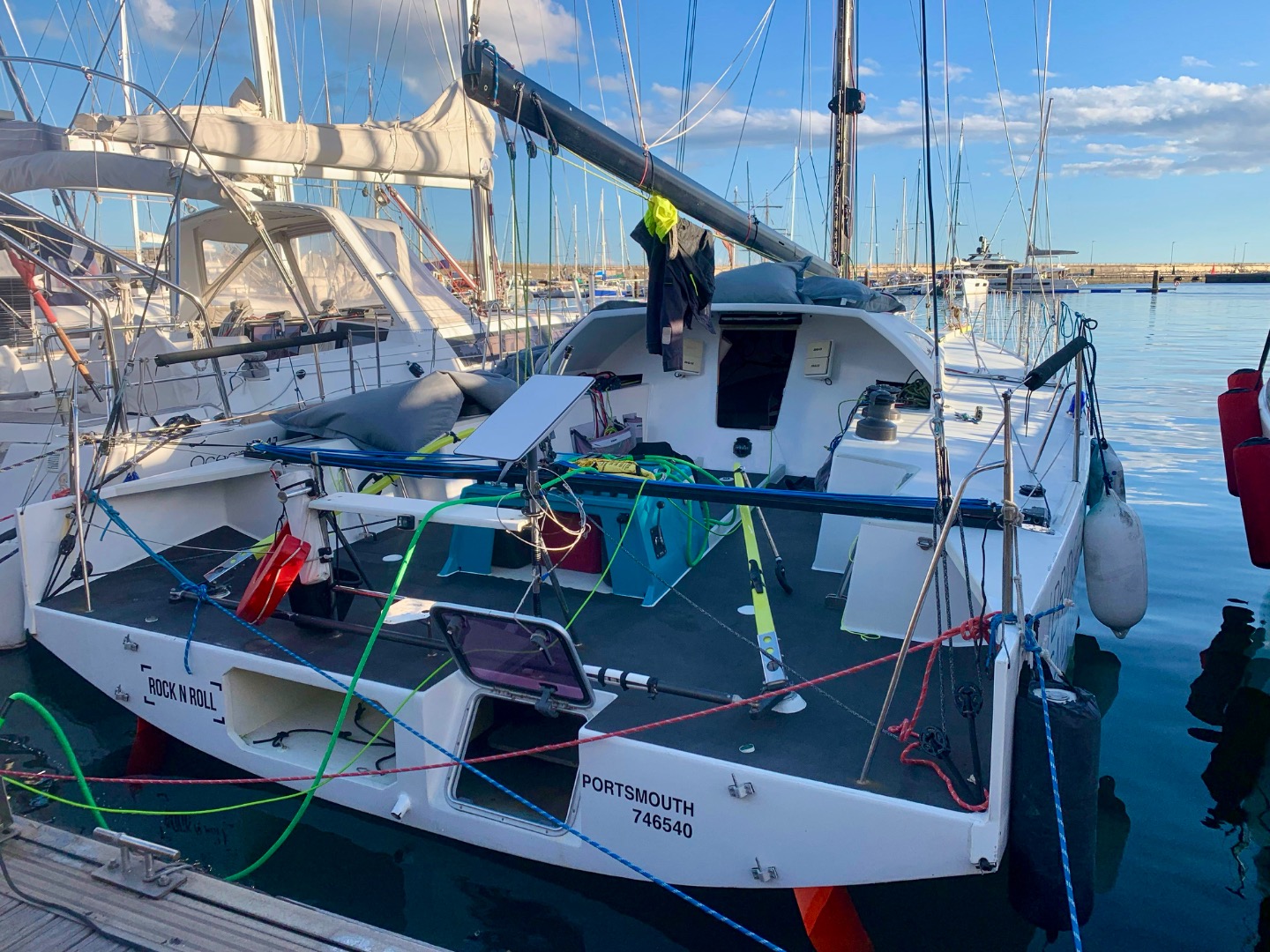 Cockpit of a Class 40 racing yacht for sale, showing twin helm and twin rudders, moored stern to. With a carbon rig, carbon sail inventory she has proven performance in short-handed sailing and offshore campaigns