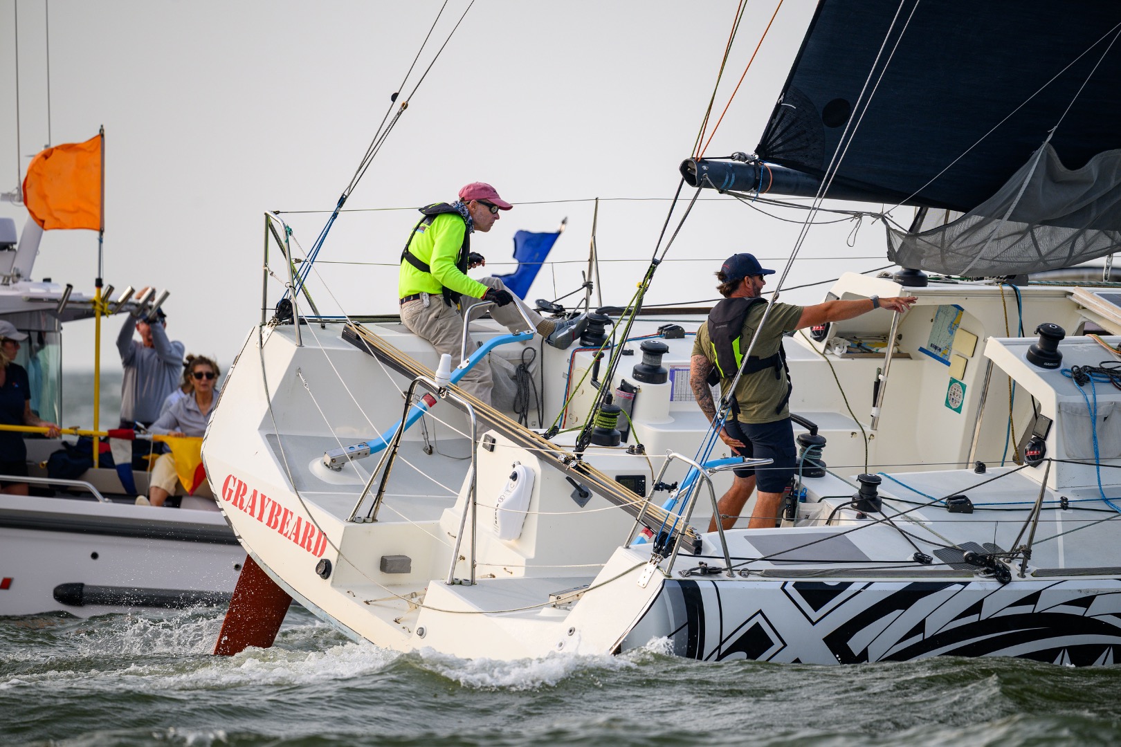 Class 40 Akilaria RC1 racing shorthanded Annapolis, USA, showing the spacious cockpit with twin tiller and rudders. Designed by Marc Lombard and built for competitive offshore racing, this reliable and robust dual-purpose boat can be cruised in comfort or ideal for a round the world race such as Global Solo Challenge