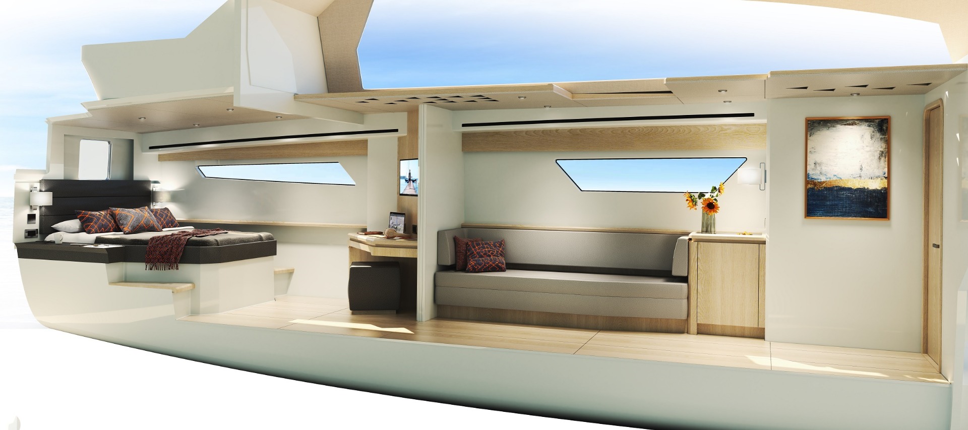 Lightweight composite cruising catamaran interior developed by designers Owen Clarke Design, featuring CNC‑cut furniture modules and precision‑engineered panel systems that optimise structural efficiency, reduce mass, and create functional stylish living spaces.