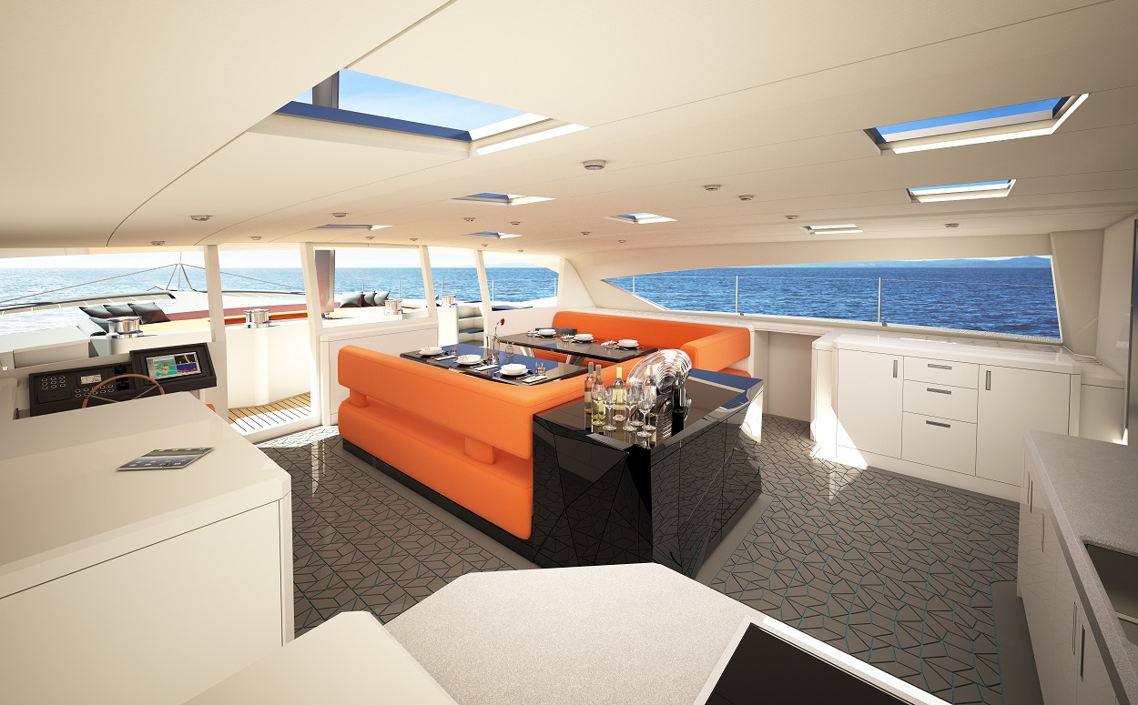 3D CAD jpeg graphic by multihull designers Owen Clarke Design of the interior of cruising catamaran showing a main saloon with interior wheel steering.