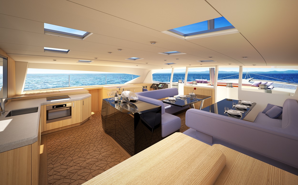 3D CAD jpeg photo showing sailboat yacht interor design of Owen Clarke fast cruiser racer ocean going cruising  catamaran.