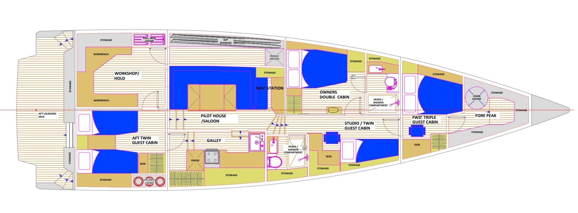 Yacht interior, design, cruising yacht designers, cruising yacht, general arrangement, interior drawing, pilot house, cruising yacht naval architects, 