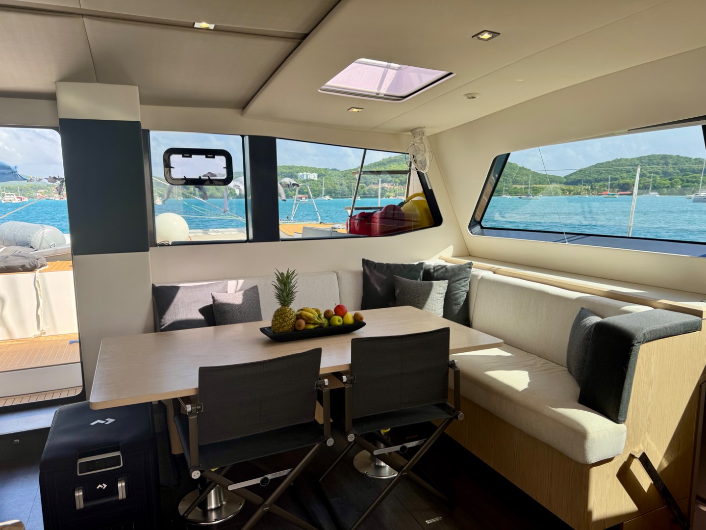 Inside the Garcia Explocat 52 explorer catamaran yacht the dining area offers comfortable seating for 8 guests. Panoramic views ensure guests enjoy the scenery whilst adventuring around the globe. Built for comfort and performance this vessel is ideal for a short-handed or fully crewed circumnavigation at any latitude.