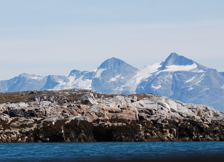 Photograph of the west coast of Greenland taken from yacht Santana while motoring up the inside passage during a sailing expedition from Newfoundland to Greenland and back to Labrador