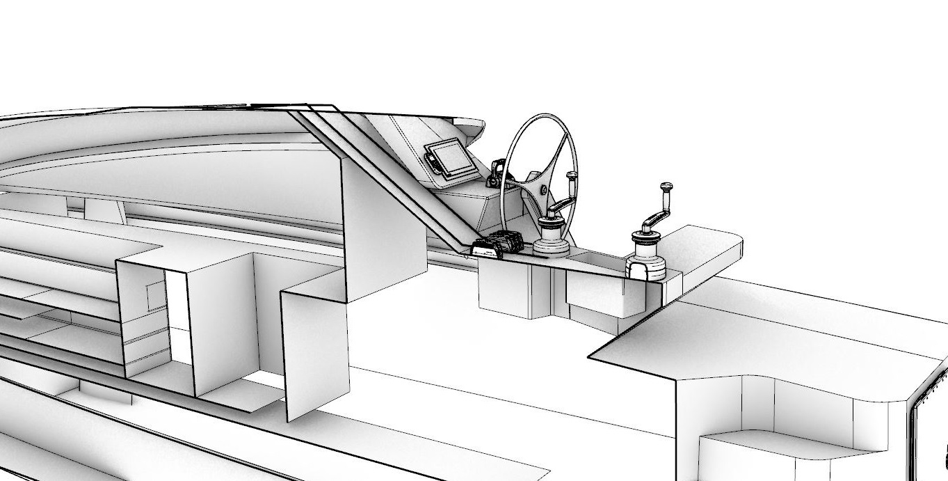 CAD rendering of a performance cruising multihull interior showing engineered steering layout, structural design elements, and integrated systems. The graphic highlights how interior engineering, steering geometry, and multihull design requirements can be integrated within a modern yacht.