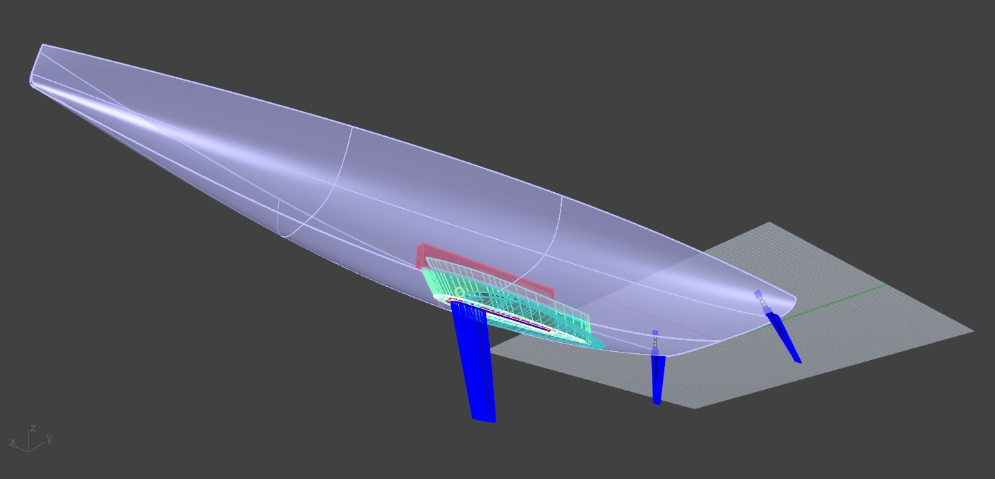 This graphic shows the appendages of a lifting keel, explorer / expedition yacht design. It shows the centreboard in the down position and a fixed short keel into which the centreboard retracts. Also as a twin rudder design this  provides a shallow shoal draft capability.