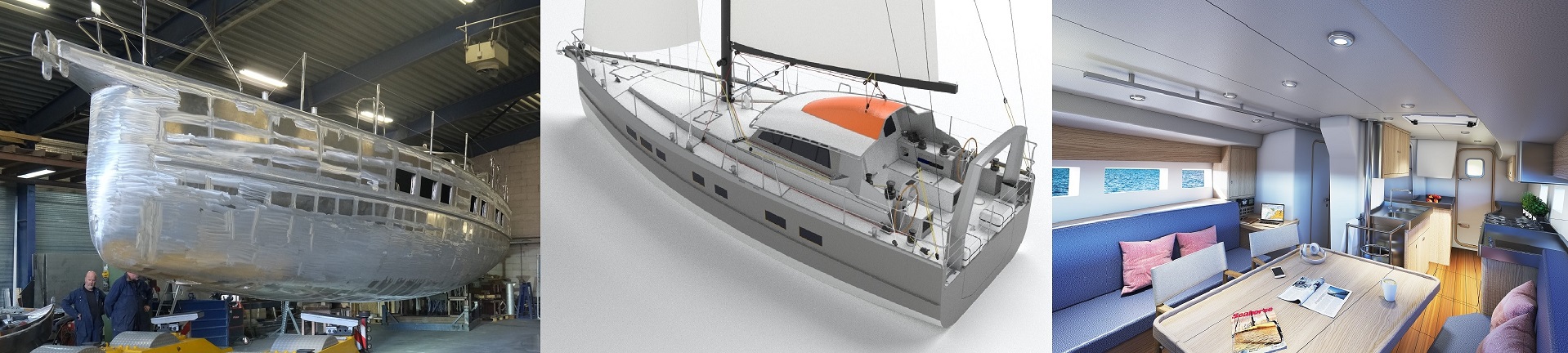 Composite image of Owen Clarke’s 2022 design, ‘Lynx’, the ice rated lifting keel aluminium expedition yacht. Image is made up of photograph of the aluminium hull, and 3D graphics of the exterior and interior design of the sailboat.