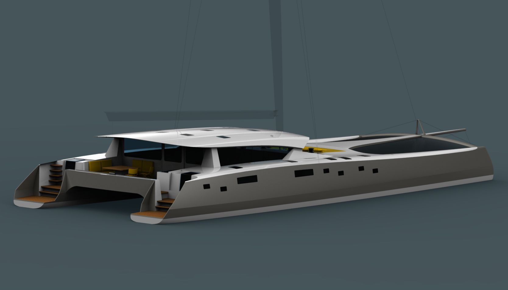 This custom yacht by designer Owen Clarke is a lifting rudder fast cruising catamaran design with daggerboards and a sloop rig. The forward cockpit around the mast is a sailing cockpit and the aft cockpit a covered lounge area.