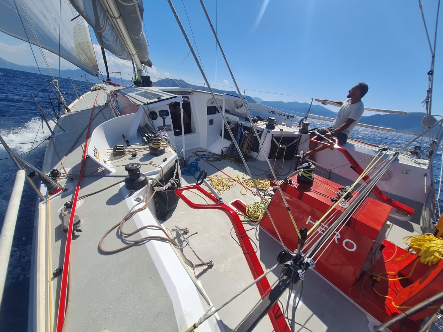 Class 40 race yacht seen competing in Vintage category Class 40 in the Mediterranean. Optimised for high-performance this Akilaria RC1 is proven for offshore sailing and can be sailed short-handed or fully crewed. Equally suited as a robust fast minimalist cruiser