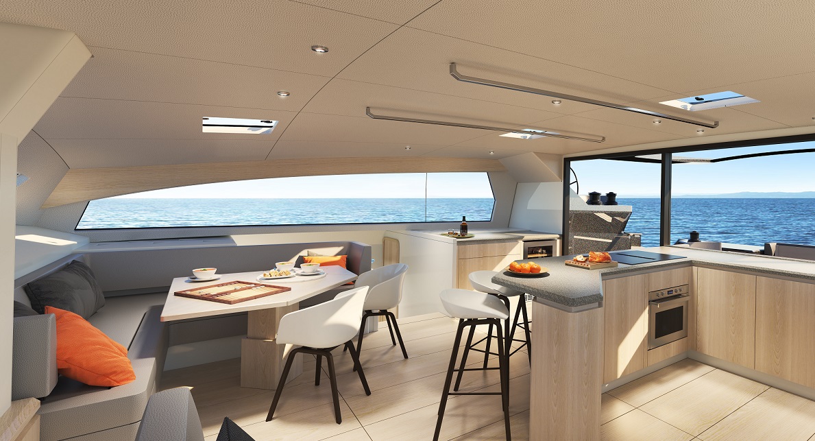 Fast cruising catamaran sailboat interior design showing lightweight yacht accommodation and racer‑cruiser layout, with functional multihull furniture geometry and efficient spatial planning developed for performance sailing and offshore conditions.