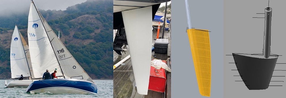 Composite image of Moore 24 racing yacht with new rudder; foil design and stock engineering by Owen Clarke Design. Also shown  a CAD image of a Farr 65 cruising yacht rudder again developed by OC’s marine consultancy services.