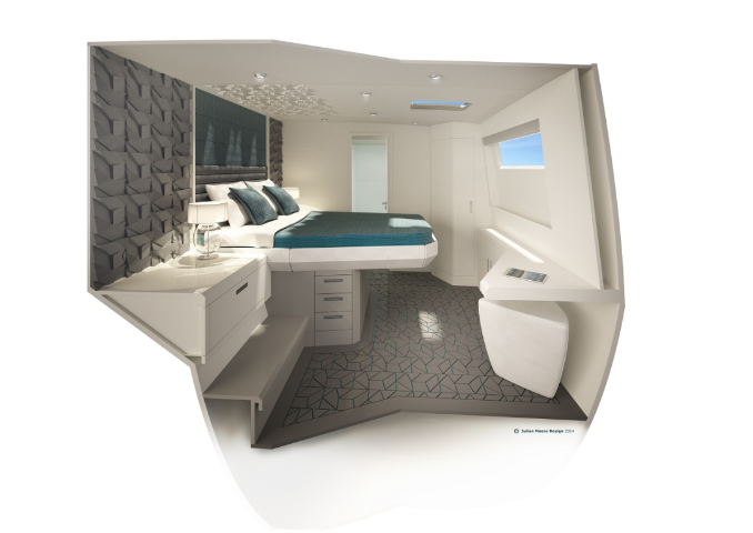 3D CAD jpeg image of modern cruising yacht accommodation by trimaran and catamaran interior designers Owen Clarke Design who began as designers of custom  racing and performance multihull sailboats in 1987.