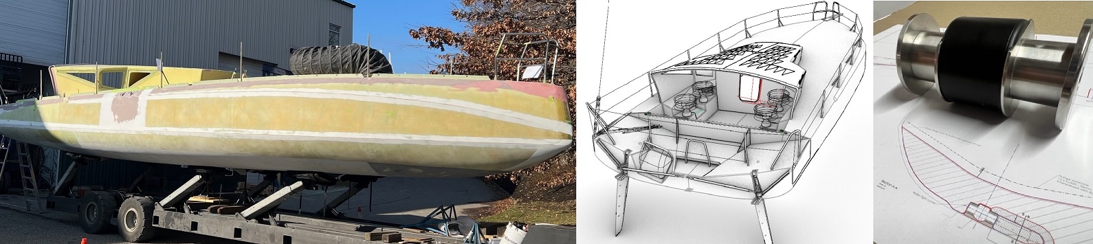 Images of Owen Clarke’s  latest Class 40 racing yacht design close to being ready for launch in the USA. This scow bow design for an American owner will launch in April. Also shown images of the twin rudder arrangement on the stern and a composite engineering chainplate design detail.
