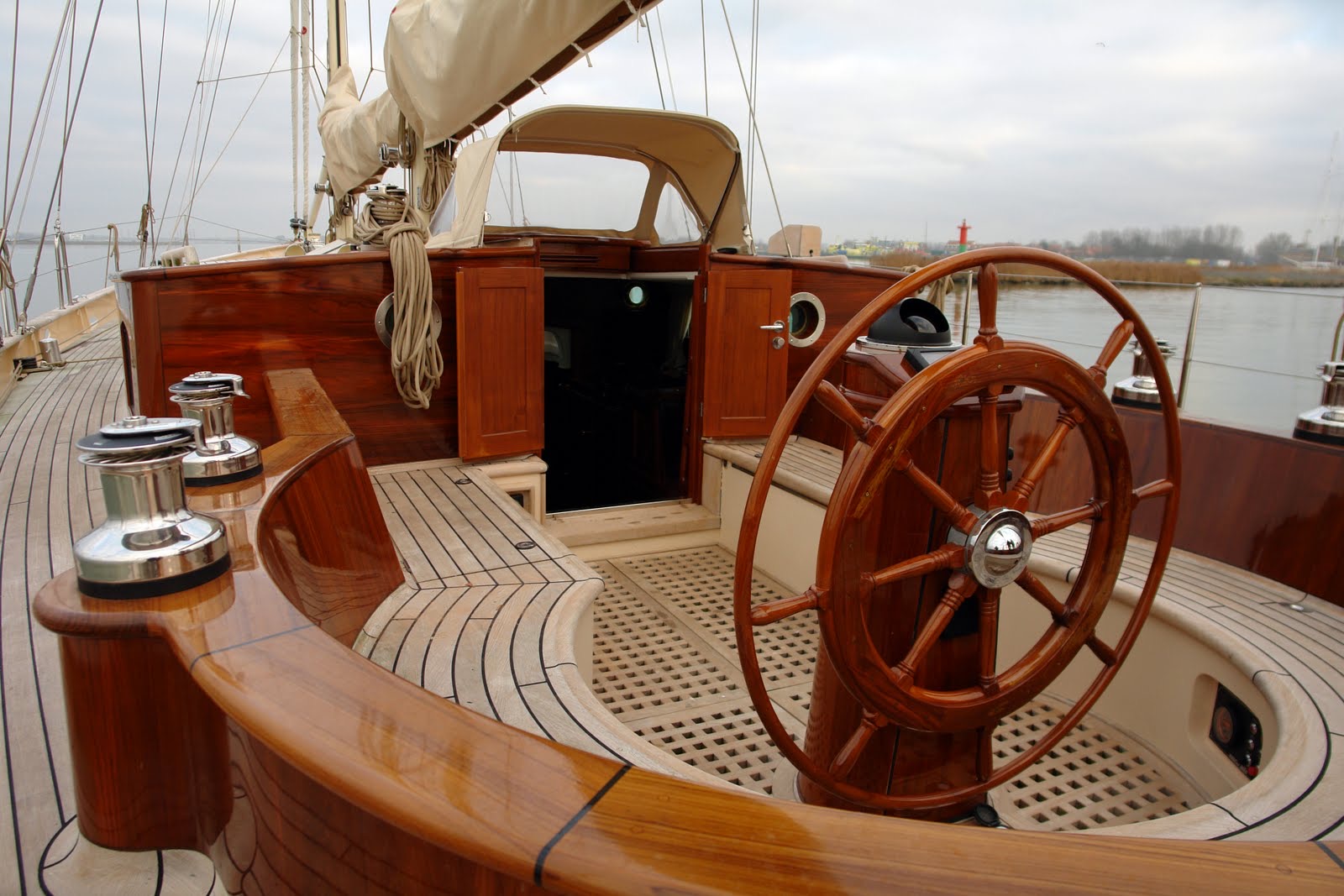 This picture shows the main deck of the lifting keel, schooner rigged yacht, ‘Ahoy’. Designed by the renowned Dutch naval architect Olivier Van Meer, she is a truly go anywhere vessel that will look after a new owner seeking adventure and exploring new sailing grounds
