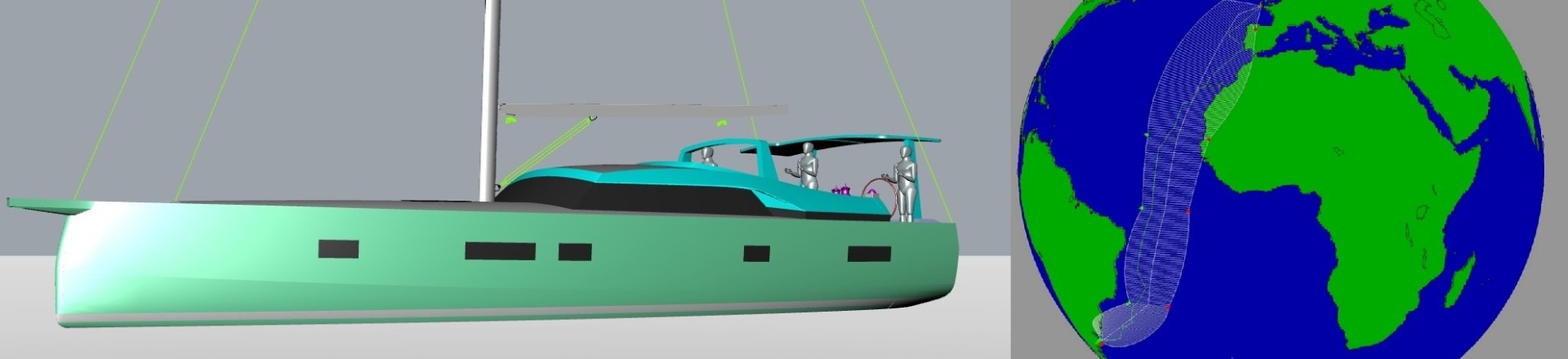 Composite image of OC marine hybrid electric drive blue water cruising design for a Swiss couple to circumnavigate . The graphic is output from a weather routing tool used as part of the design process.  This yacht has a lifting keel and twin rudders to achieve a shallow minimum draft.