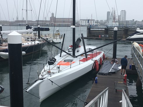 This is a picture shortly after the launch of OTG Offshore Team Germany IMOCA Open 60 designed by Owen Clarke Design. The boat is the former Vendee Globe entry Acciona and is being prepared by OTG for The Ocean Race