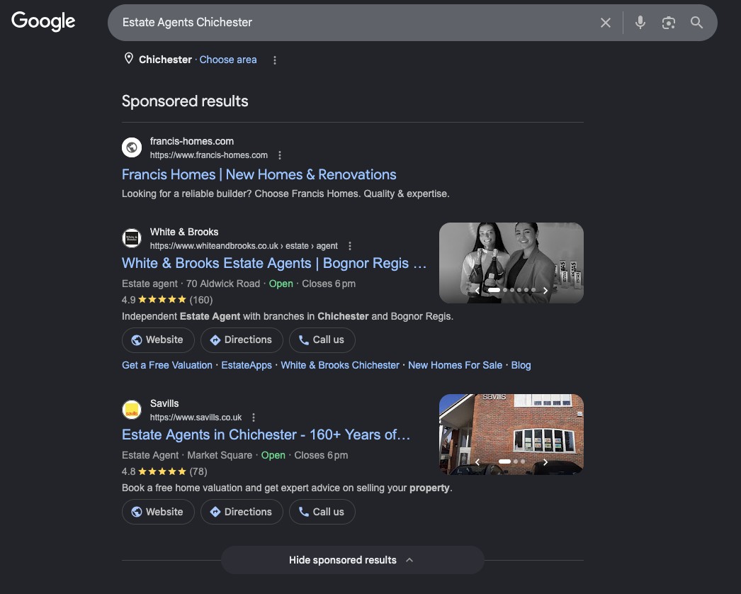 Google search for Estate Agent in Chichester