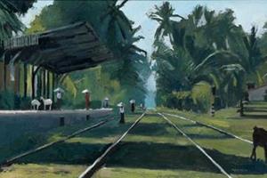 Railway station with goats - oil on board - 40 x 80 cm - POA