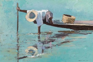 Fisherman with Stick and Basket, Burma  - Oil on Board - 35 x 50 cm - SOLD