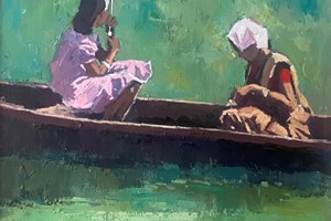 Mother and Daughter in a Boat, Kerala - oil on board - 50 x 35 cm - POA