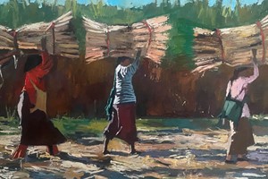 Women Carrying Bamboo, Myanmar - 50 x 100 cm - oil on board - POA
