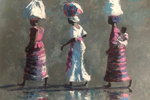 Three Women and a Baby, Gambia - acrylic on board - 60 x 80 cms - sold