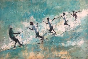 Men Pulling a Fishing Line, Gambia - acrylic on board - 40 x 60 cms - POA