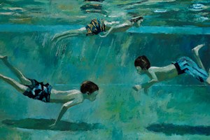 Three Boys Swimming - oil on board - 80 x 160 cm - sold