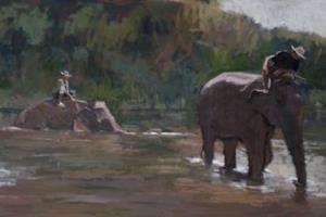 3 Elephants near Chiang Mai - acrylic on board - 50 x 75 cm - sold