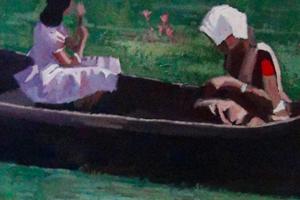 Mother and Daughter in a Boat - oil on board - 70 x 55 cm - £3450