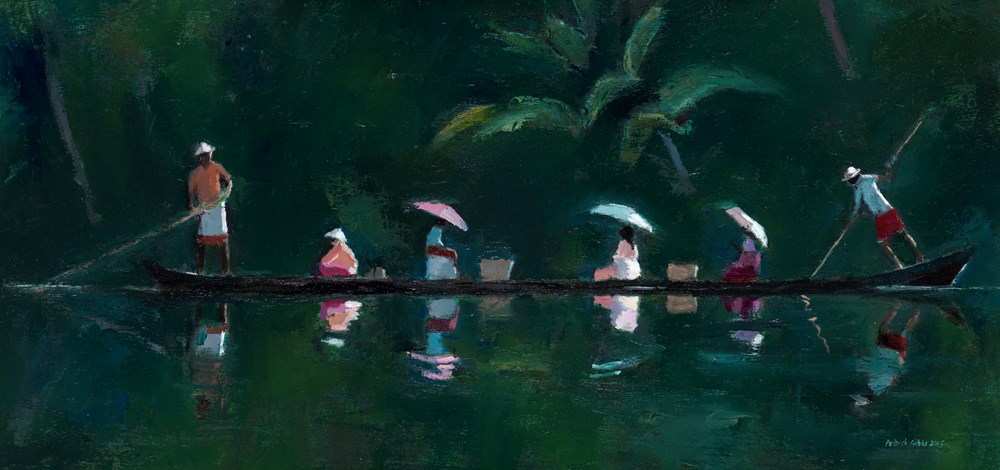 Ferry Boat with Reflections, Kerala Backwaters - oil on board - 30 x 60 cm - £3250